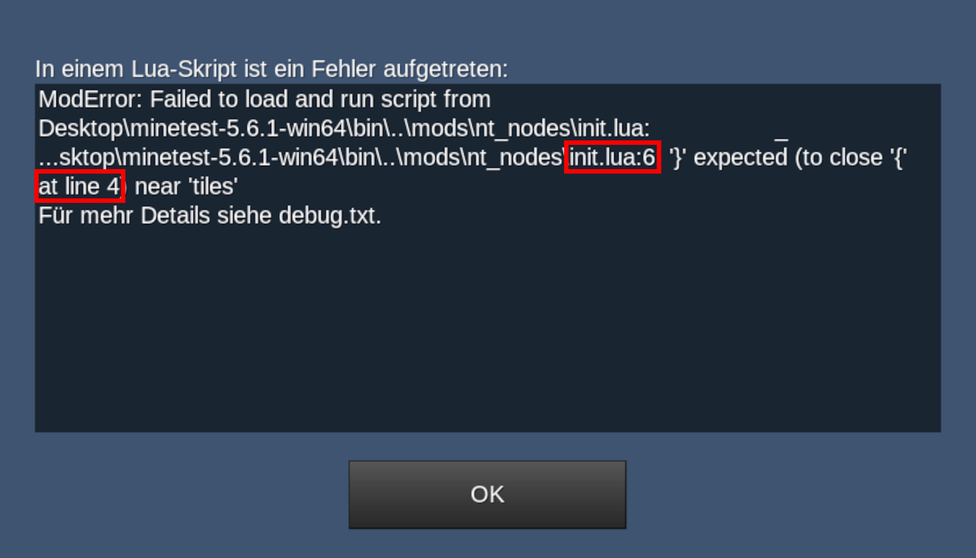 Minetest: Beispiel einer typischen Fehlermeldung