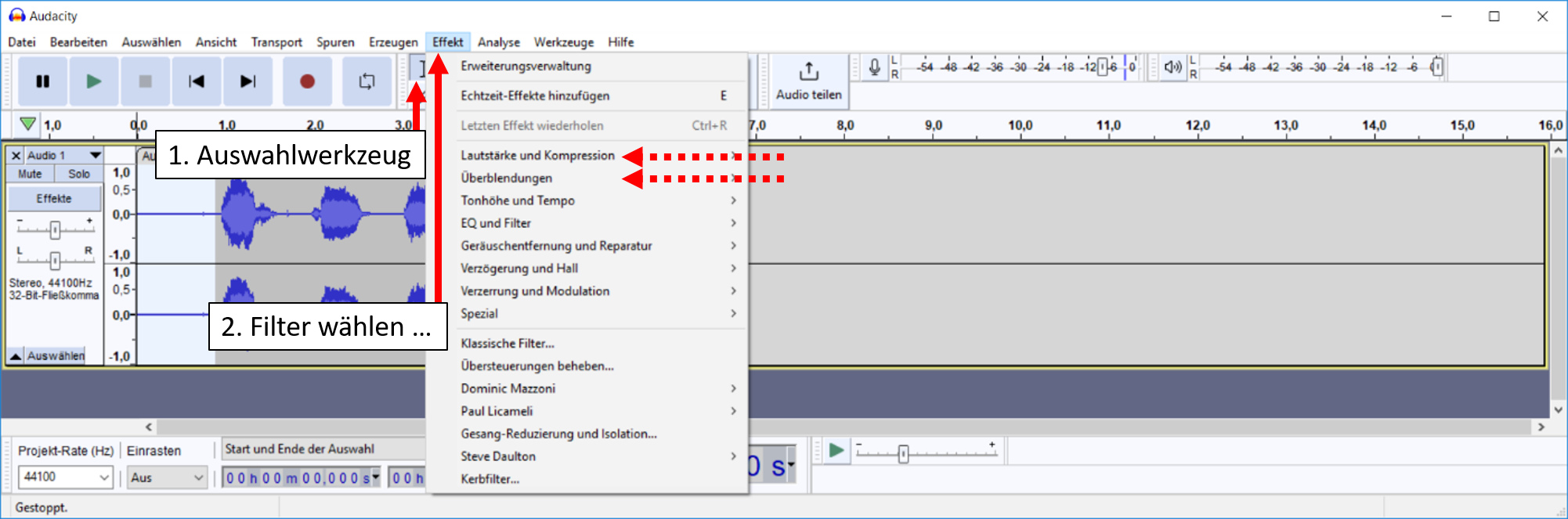 Minetest: Tonaufnahme mit »Audacity« bearbeiten