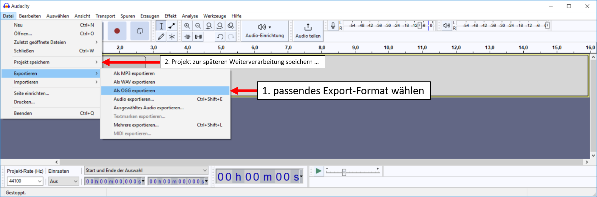 Minetest: Tonaufnahmen in »Audacity« exportieren