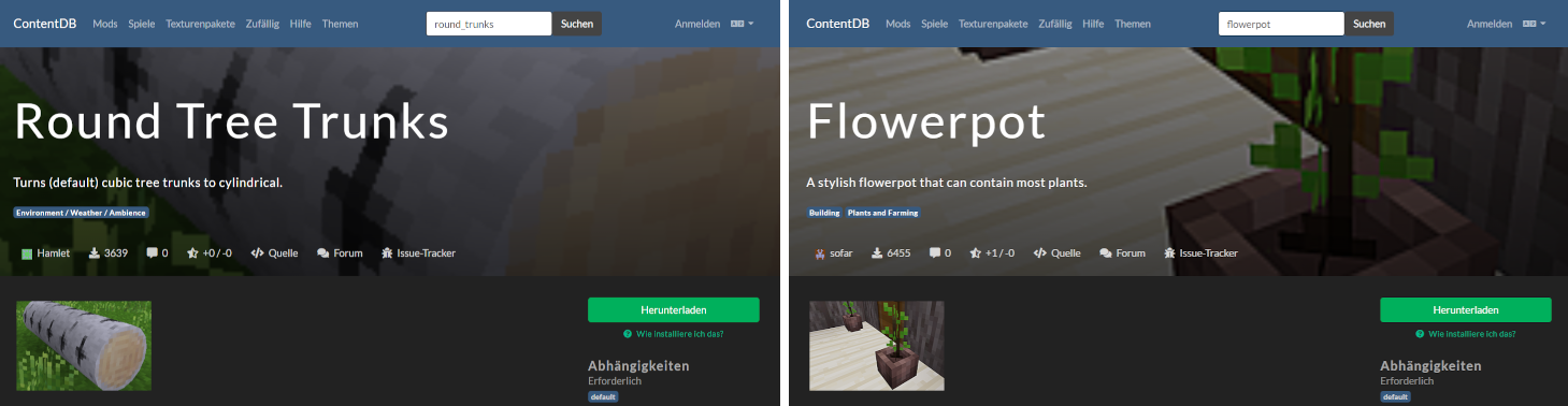 Minetest: Mods »Round Tree Trunks« und »Flowerpot«